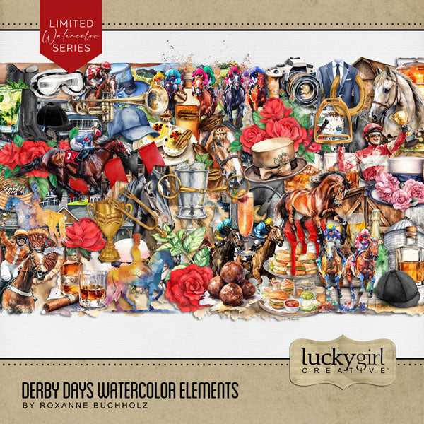 Celebrate all things Kentucky, equestrian, horse racing, and bourbon with this beautiful watercolor Derby Days embellishments only kit by Lucky Girl Creative digital art. Great for horse racing, bourbon tours and tasting, Kentucky Derby parties, equestrian events, and vacations to Kentucky. Embellishments include banner, bunting, pennant, barn, distillery, barn doors, silo, whiskey barrel, bourbon bottles, cigar, whiskey glass, wax drip, camera, baseball cap, sundress, sports coat, jacket, suit, and more.