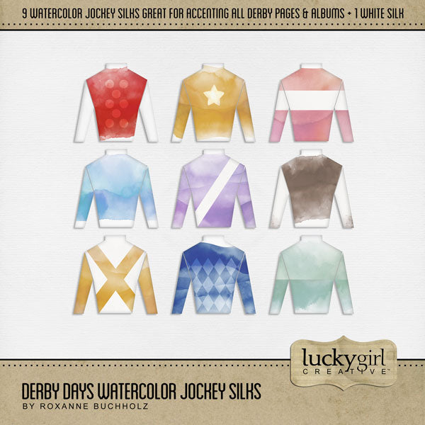 Celebrate all things equestrian, horse racing, jockey, and Kentucky Derby with these beautiful watercolor jockey silks by Lucky Girl Creative digital art. Use as is or customize to create your own shirt design. This digital scrapbooking kit is included in the Derby Days Watercolor Bundle.