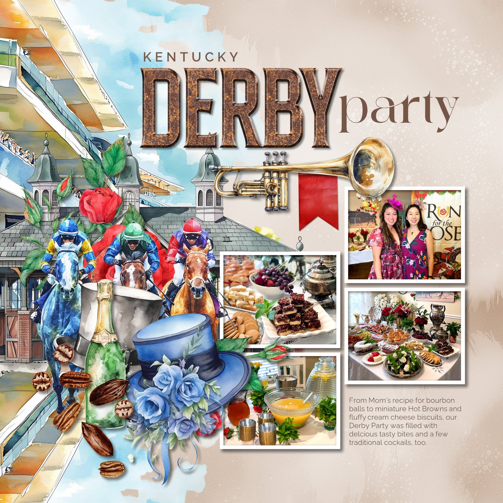 Celebrate all things Kentucky, equestrian, horse racing, and bourbon with this beautiful watercolor Derby Days digital scrapbooking bundle by Lucky Girl Creative digital art. Great for horse racing, bourbon tours and tasting, Kentucky Derby parties, equestrian events, and vacations to Kentucky. This bundle includes watercolor embellishments, jockey silks, clusters, pretty papers, and Edge to Edge Easy Masks.