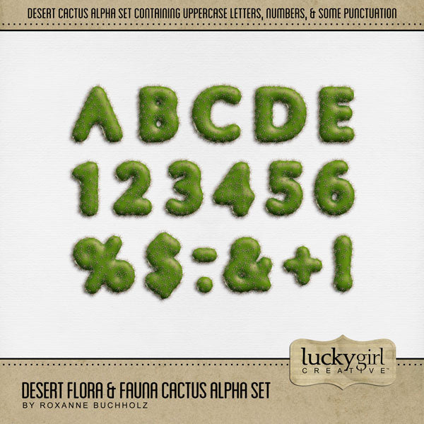 Explore nature and the outdoors with these realistic cactus alphabet letters, numbers, and most punctuation by Lucky Girl Creative digital art for digital scrapbooking. Great for creating titles on desert, the Southwest, Mexico, Utah, Colorado, Wyoming, California, and Texas pages! The Desert Flora & Fauna Cactus Alpha Set consists of a full set of digital art uppercase letters A-Z, numbers 0-9, and most punctuation. 