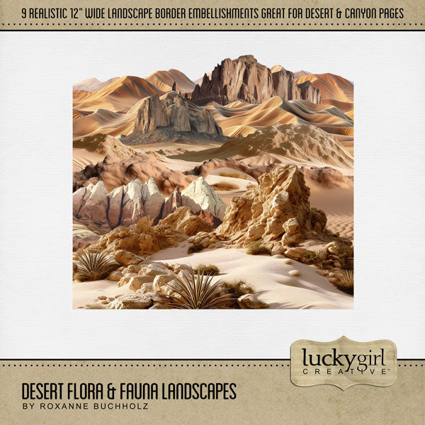 Explore nature and the outdoors with these beautiful digital scrapbooking desert, sand, and canyon embellishments by Lucky Girl Creative digital art that are 12" in length. Great for desert, the Southwest, Mexico, Utah, Colorado, Wyoming, California, Texas, and more! The Desert Flora & Fauna Landscapes is included in the Desert Flora & Fauna Mega Bundle.