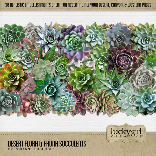 Explore nature and the outdoors with these beautiful digital scrapbooking succulent cactus embellishments by Lucky Girl Creative digital art. Great for desert, the Southwest, Mexico, California, and more! The Desert Flora & Fauna Succulents is included in the Desert Flora & Fauna Mega Bundle.