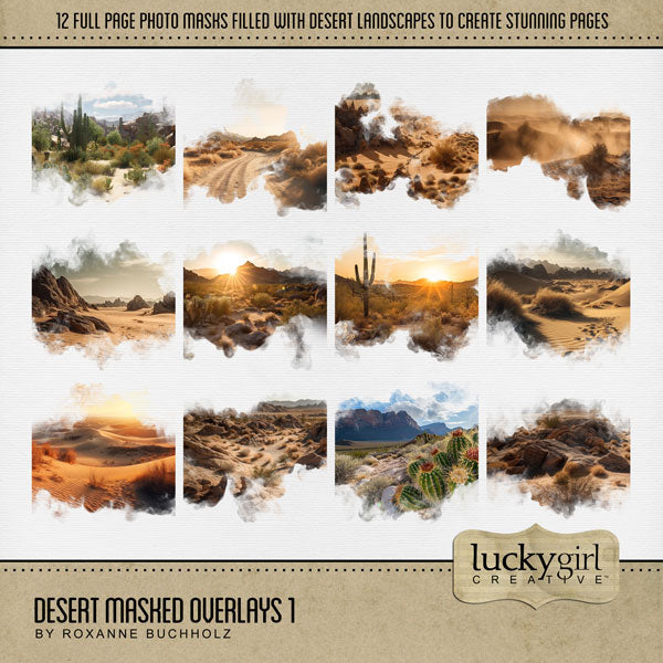 Explore nature and the outdoors with these beautiful digital scrapbooking masked overlays by Lucky Girl Creative digital art. With transparent edges, these masked photographs blend seamlessly into any background paper and make the perfect backdrop for desert, the Southwest, Mexico, Utah, Colorado, Wyoming, California, Texas, and more! The Desert Masked Overlays 1 is included in the Desert Flora & Fauna Mega Bundle.