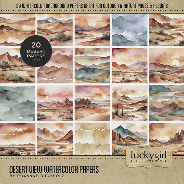 These desert and canyon watercolor digital scrapbooking background papers by Lucky Girl Creative digital art are easy to use for western-inspired digital scrapbook pages including travels to the Southwest (Arizona, Colorado, Utah, Nevada, New Mexico), cowboy and cowgirl dances and hoedowns, rodeo and ranch events, ghost towns, vacations to the desert, Mexico, Nashville, Wild West, and so much more! This kit is included in the Cowboy Western Watercolor Bundle.