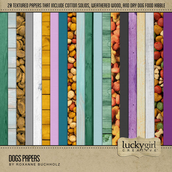 Have fun documenting your favorite dogs with these fun digital art papers by Lucky Girl Creative. Filled with bright textures, wood tones, and realistic dry food puppy kibble, these background digital papers are perfect for many projects beyond just pets.
