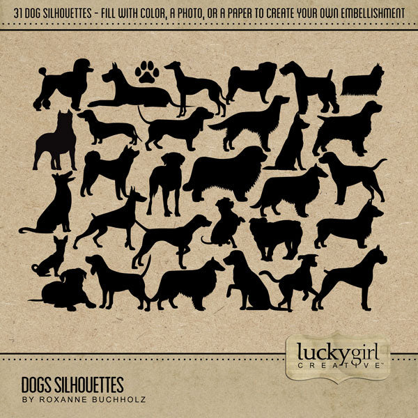 Have fun documenting your favorite dogs with these fun digital silhouette embellishments by Lucky Girl Creative. Fill these puppy shaped elements with your favorite photos or papers to create a unique embellishment to accent your pet pages.