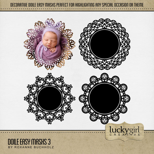 With 4 unique digital scrapbooking designs, these decorative round photo masks by Lucky Girl Creative digital art are supplied as both standard and inverse embellishment overlays for maximum flexibility. These circle masks are perfect for highlighting any special occasion or theme, especially wedding, baby, and vintage heritage. Fill with color, paper, or your favorite photo to create a one-of-a-kind image.