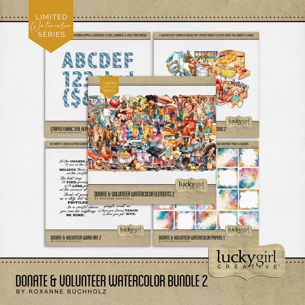 These digital scrapbooking watercolor embellishments, papers, alpha set, and word art by Lucky Girl Creative digital art are great for non-profit charities, giving, donating, after school programs, and volunteering for various organizations and clubs. Big Brothers and Big Sisters of America, UNICEF, St. Jude Children's Hospital, Boys &amp; Girls Club of America, YMCA, Samaritan's Purse, Operation Christmas Child, Planned Parenthood, World Literacy Foundation, Humane Society, World Vision, Women's Shelter