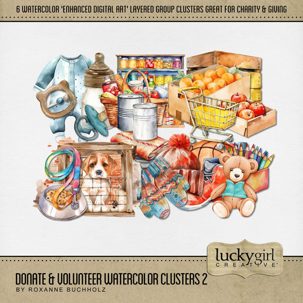 These digital scrapbooking cluster embellishments by Lucky Girl Creative digital art are great for non-profit charities, giving, donating, after school programs, and volunteering for various organizations and clubs. Elements include basketball, teddy bear, colored pencils, baby items, food pantry, canned goods, puppy dog, blankets, hat, gloves, fruit, and grocery cart. This kit is included in the Donate & Volunteer Watercolor 2 Bundle.