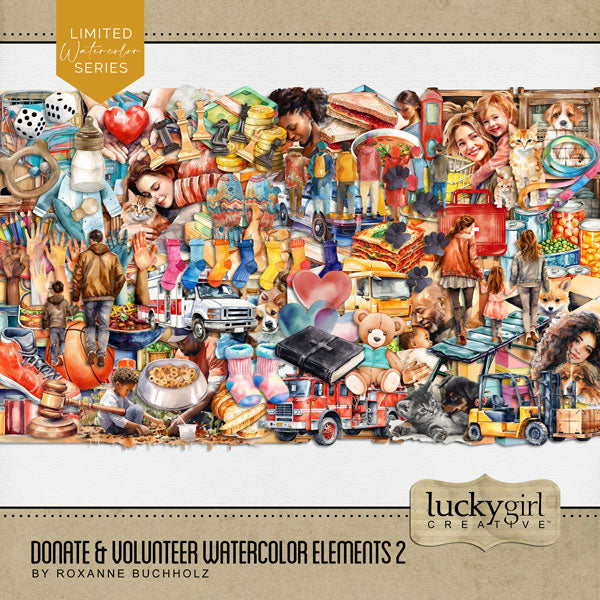 These digital scrapbooking watercolor embellishments by Lucky Girl Creative digital art are great for non-profit charities, giving, donating, after school programs, and volunteering for various organizations and clubs. Big Brothers and Big Sisters of America, UNICEF, St. Jude Children's Hospital, Boys &amp; Girls Club of America, YMCA, Samaritan's Purse, Operation Christmas Child, Planned Parenthood, World Literacy Foundation, Humane Society, World Vision, and Women's Shelters are all represented.