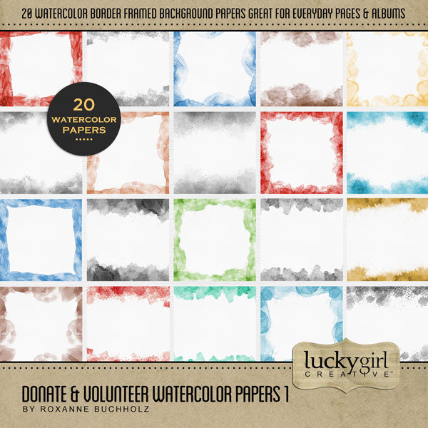 These digital scrapbooking rainbow framed border background papers by Lucky Girl Creative digital art are great to use for everyday scrapbooking pages and journaling spots. Use for children, kids, school, and art pages, too! This kit is included in the Donate & Volunteer Watercolor 1 Bundle.
