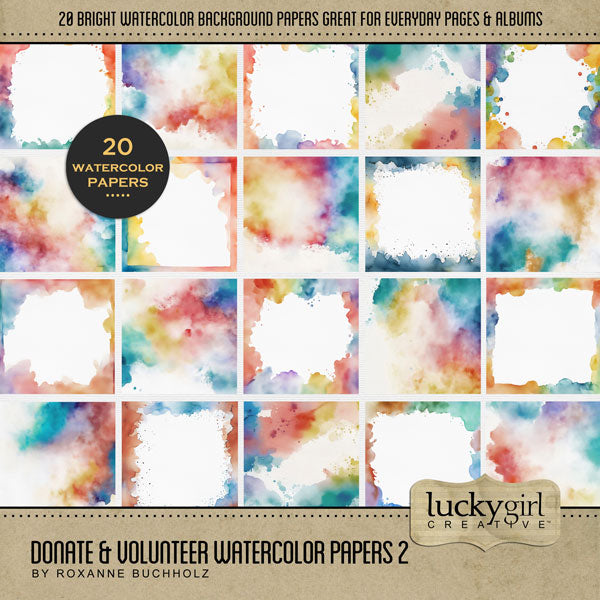 These digital scrapbooking rainbow framed border background papers by Lucky Girl Creative digital art are great to use for everyday scrapbooking pages and journaling spots. Use for children, kids, school, and art pages, too! This kit is included in the Donate & Volunteer Watercolor 2 Bundle.