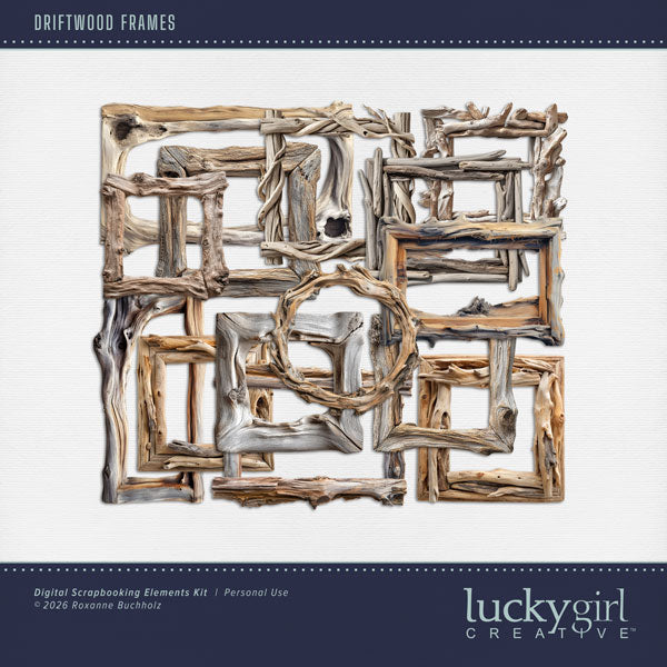 These beautiful realistic driftwood frames by Lucky Girl Creative digital art will help you create memorable digital scrapbooking pages. Great for beach, ocean, seaside vacations, and nautical adventures. This kit is included in the Shore Sophistication Bundle 1.
