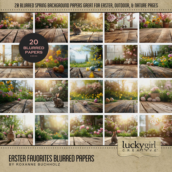 Enjoy the spring and Easter season with these blurred realistic digital scrapbooking background papers by Lucky Girl Creative digital art in soft pastel tones. This kit is included in the Easter Favorites Papers Bundle.