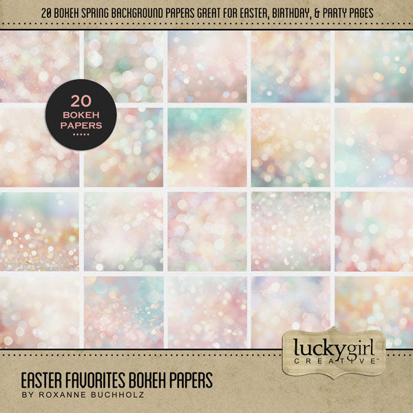 Enjoy the spring and Easter season with these sparkle and bokeh digital scrapbooking background papers by Lucky Girl Creative digital art in soft pastel tones. This kit is included in the Easter Favorites Papers Bundle.
