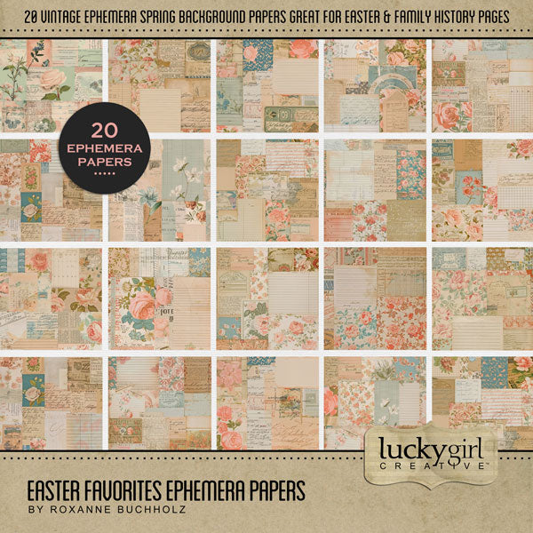 Enjoy the spring and Easter season with these vintage ephemera digital scrapbooking background papers by Lucky Girl Creative digital art in soft pastel tones. This kit is included in the Easter Favorites Papers Bundle.