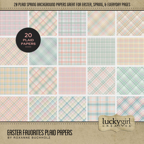 Enjoy the spring and Easter season with these plaid digital scrapbooking background papers by Lucky Girl Creative digital art in soft pastel tones. This kit is included in the Easter Favorites Papers Bundle.