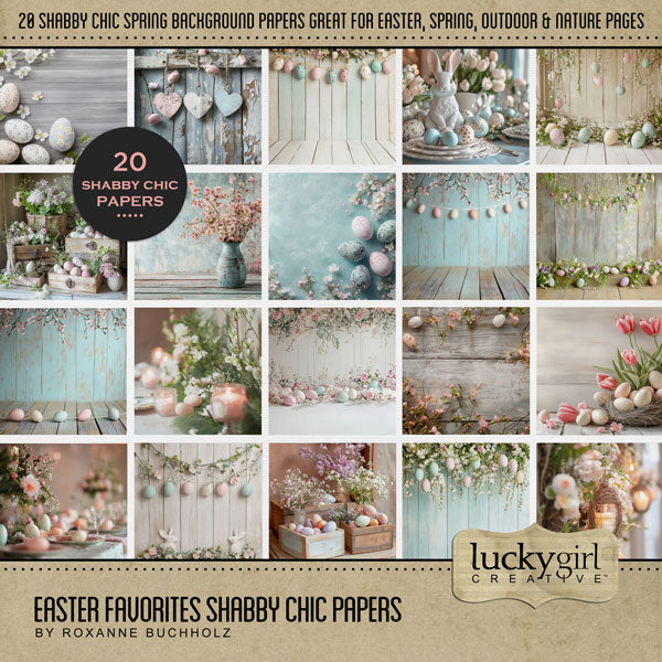Enjoy the spring and Easter season with these shabby chic digital scrapbooking background papers by Lucky Girl Creative digital art in soft pastel tones. This kit is included in the Easter Favorites Papers Bundle.