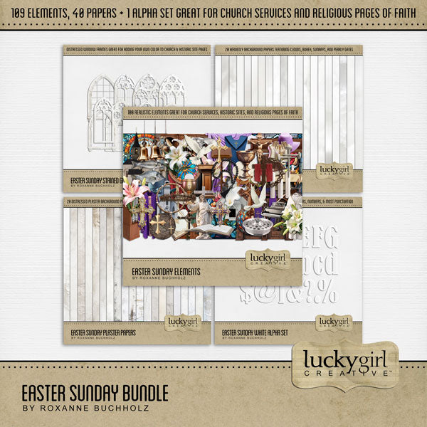 These beautiful and realistic digital scrapbooking embellishments, versatile papers, stained glass window frames, and alpha set by Lucky Girl Creative digital art are the perfect addition to any page or album featuring church, faith, religion, wedding, baptism, communion, choir, and other historic sites such as basilicas, cathedrals, temples, and chapels.