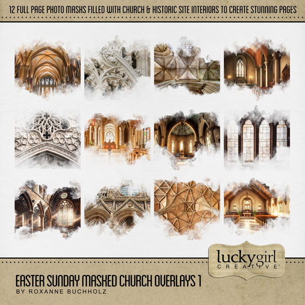 These beautiful and ornate digital scrapbooking masked photo overlays with transparent edges by Lucky Girl Creative digital art blend seamlessly into any background paper and make the perfect backdrop for any page featuring church, faith, religion, wedding, baptism, and other historic sites such as basilicas, cathedrals, temples, and chapels.