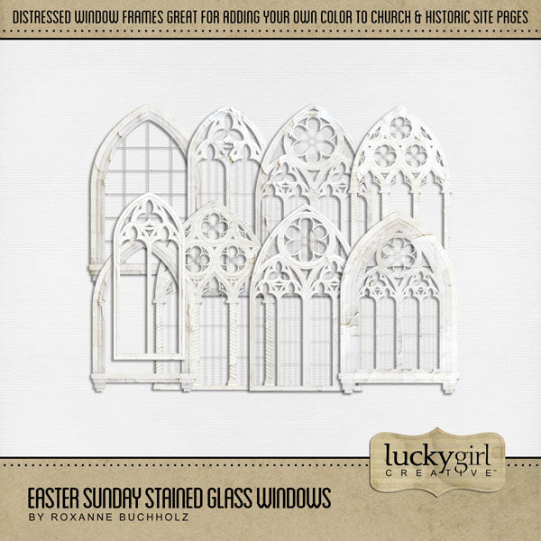These beautiful and ornate digital scrapbooking stained glass window frames by Lucky Girl Creative digital art are the perfect addition to any page featuring church, faith, religion, wedding, and other historic sites such as basilicas, cathedrals, temples, and chapels. 