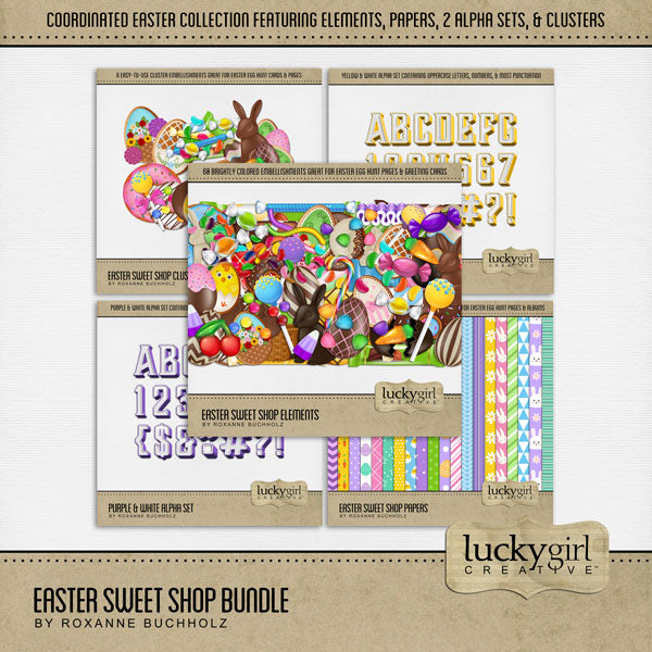 Add these sweet embellishments, patterned papers, clusters, and 2 alpha sets by Lucky Girl Creative digital art to all your Easter digital scrapbooking pages! In hues of pink, yellow, purple, and blue, these sweet elements will add so much fun to all your Easter projects including greeting cards and holiday decor. Embellishments include Easter basket, Easter eggs for Egg Hunt, cake pop, lollypop, sucker, candy cane, candy corn, milk chocolate, white chocolate, dark chocolate, Easter bunny, chick, cookie