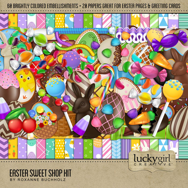 Add these sweet embellishments and patterned papers to all your holiday digital scrapbooking pages! In hues of pink, yellow, purple, and green, these sweet elements will add so much fun to all your Easter projects including greeting cards and holiday decor. Embellishments include Easter basket, Easter eggs for Egg Hunt, cake pop, lollypop, sucker, candy cane, candy corn, milk chocolate, white chocolate, dark chocolate, Easter bunny, chick, cookie, donut, doughnut, gumdrops, gummy carrot, gummy cherry, gummy