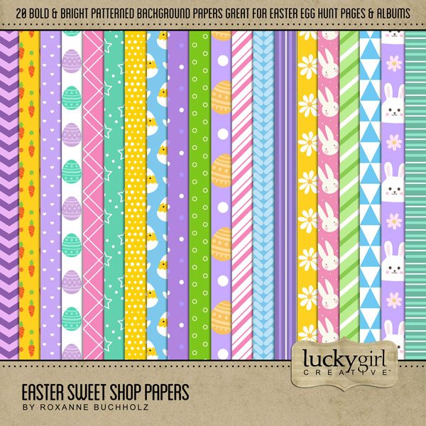 Add these bold patterned background papers by Lucky Girl Creative digital art to all your digital scrapbooking pages! In hues of pink, blue, yellow, and purple, these papers add so much fun to all your Easter projects including greeting cards and holiday decor. Patterns include stripes, diagonal, chevron, plaid, polka dots, grid, flowers, eggs, bunny, triangle, and more. This kit is included in the Easter Sweet Shop Bundle and the Easter Sweet Shop Kit.