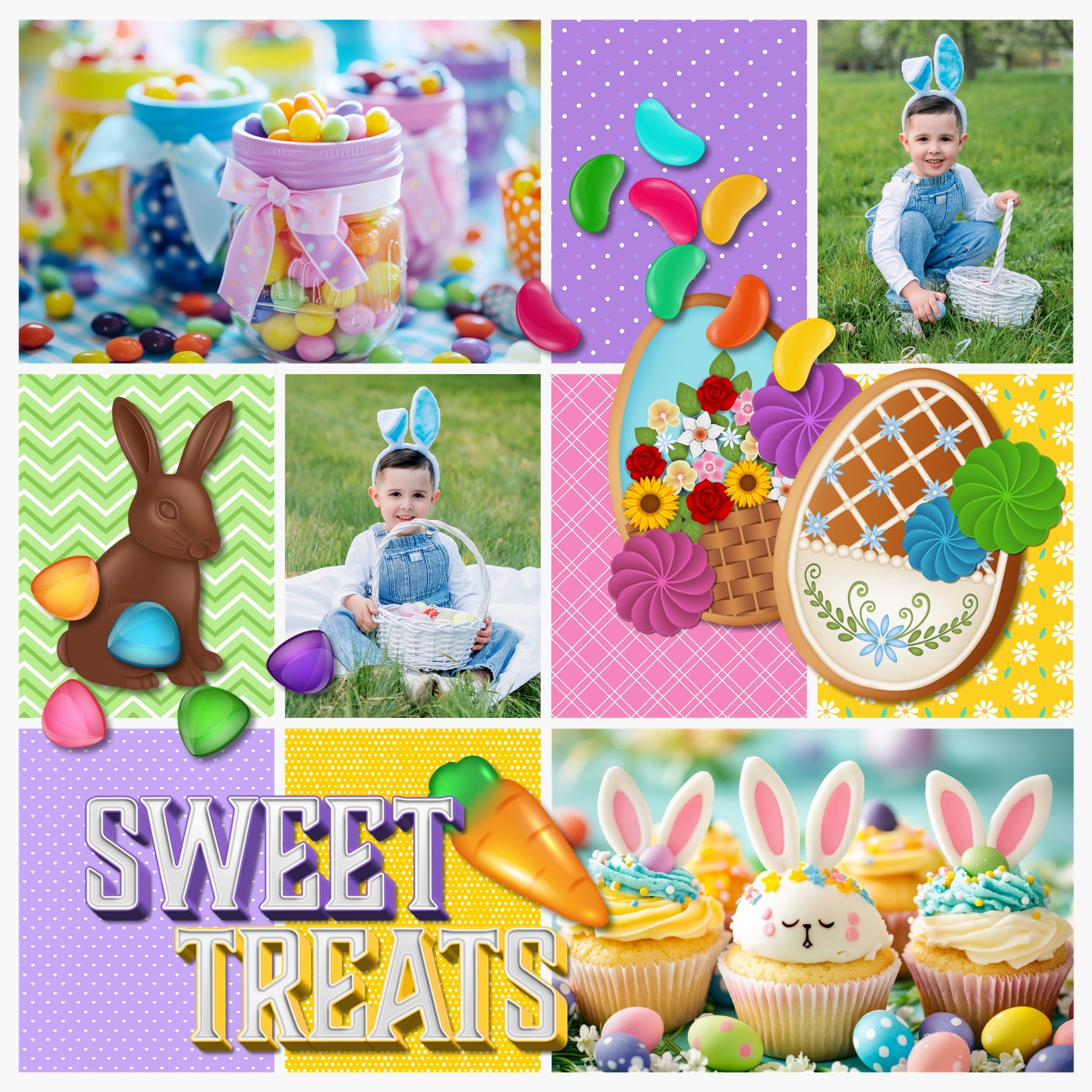 Add these sweet embellishments, patterned papers, clusters, and 2 alpha sets by Lucky Girl Creative digital art to all your Easter digital scrapbooking pages! In hues of pink, yellow, purple, and blue, these sweet elements will add so much fun to all your Easter projects including greeting cards and holiday decor. Embellishments include Easter basket, Easter eggs for Egg Hunt, cake pop, lollypop, sucker, candy cane, candy corn, milk chocolate, white chocolate, dark chocolate, Easter bunny, chick, cookie
