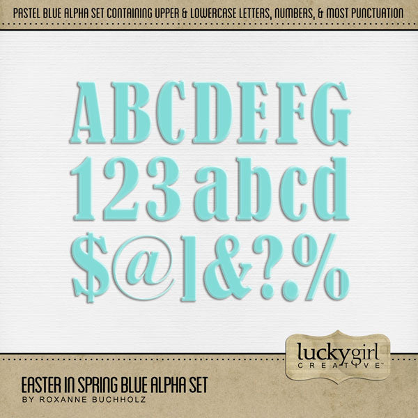 Create your own digital scrapbooking titles and word art with these stylish pastel blue alphabet letters, numbers, and punctuation by Lucky Girl Creative digital art that are perfect for any occasion and theme. Especially great for any Easter, spring, or baby pages. The Easter in Spring Blue Alpha Set consists of a full set of digital art uppercase letters A-Z, lowercase letters a-z, numbers 0-9, and most punctuation marks. 