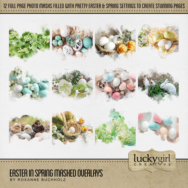 These fun and bright masked photo overlays with transparent edges by Lucky Girl Creative Digital Art for Digital Scrapbooking blend seamlessly into any background paper and make the perfect backdrop for any page featuring Easter and spring. Imagine the cute Easter Egg Hunt and Easter Bunny pages you could make! Overlays include rabbit, bunny, egg, Easter eggs, chick, flowers, nest, and more!