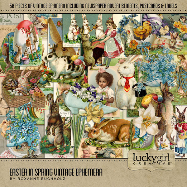 These vintage pieces of Easter ephemera from the early 1900s by Lucky Girl Creative digital art for digital scrapbooking will help add character and warmth to your family genealogy projects and Easter pages. The collection includes 50 antique digital art embellishments including postcards, greeting cards, and advertisements of an angel, chicken, baby, child, rabbit, bunny, chick, flower, daffodil, egg, Easter egg, Lily, forget me not, shoe, and more.