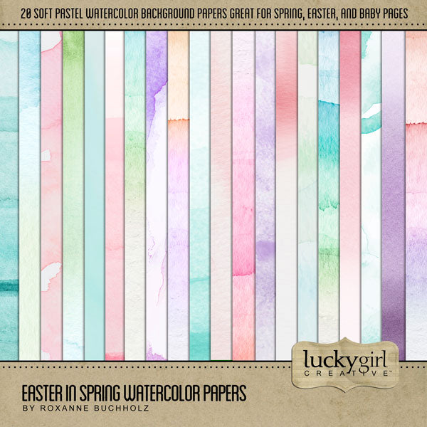 These fun and bright digital art watercolor scrapbooking papers by Lucky Girl Creative digital art for digital scrapbooking are perfect for all your Easter, spring, and baby pages. Imagine the cute Easter Egg Hunt and Easter Bunny pages you could make!