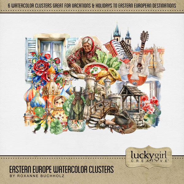 Add these beautiful watercolor clusters by Lucky Girl Creative digital art to all your digital scrapbooking pages to easily create memorable Eastern European pages and albums! Great for vacations and holidays to Europe including Poland, Hungary, Czechia, Moldova, Bulgaria, Romania, Slovakia, Ukraine, Russia, Estonia, Belarus, Latvia, Lithuania, Albania, Slovenia, Croatia, Serbia, Bosnia and Herzegovina, Montenegro, North Macedonia, Georgia, Armenia, Kosovo, Azerbaijan, and Austria.