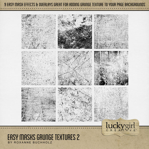 With 9 unique grunge textures, these digital art designs by Lucky Girl Creative can be used as is, filled with paper, colorized, or used as Blend Effects. Now you can design your own backgrounds! Make subtle or bold - the choice is yours!