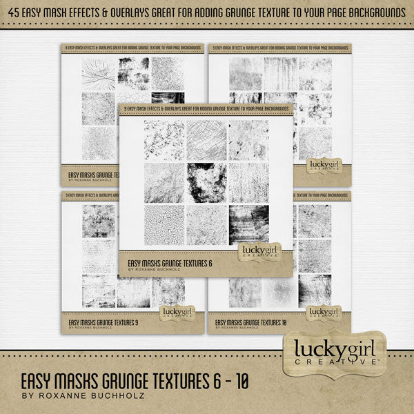 With 45 unique grunge textures, these digital art designs by Lucky Girl Creative can be used as is, filled with paper, colorized, or used as Blend Effects. Now you can design your own backgrounds! Make subtle or bold - the choice is yours!