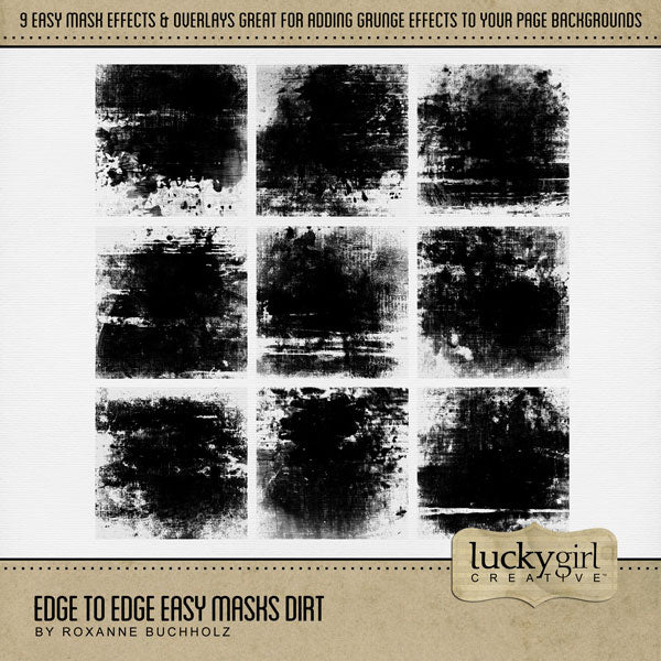With 9 unique grunge textures, these transparent digital art designs by Lucky Girl Creative digital art can be used as is, filled with paper, colorized, or used as Blend Effects. Now you can design your own backgrounds! Make subtle or bold - the choice is yours! (Kit comes with inverse photo mask options, too, for an additional 9 grunge textures.) Tip: Try using multiple overlays to create thousands of one-of-a-kind backgrounds. The possibilities are endless!
