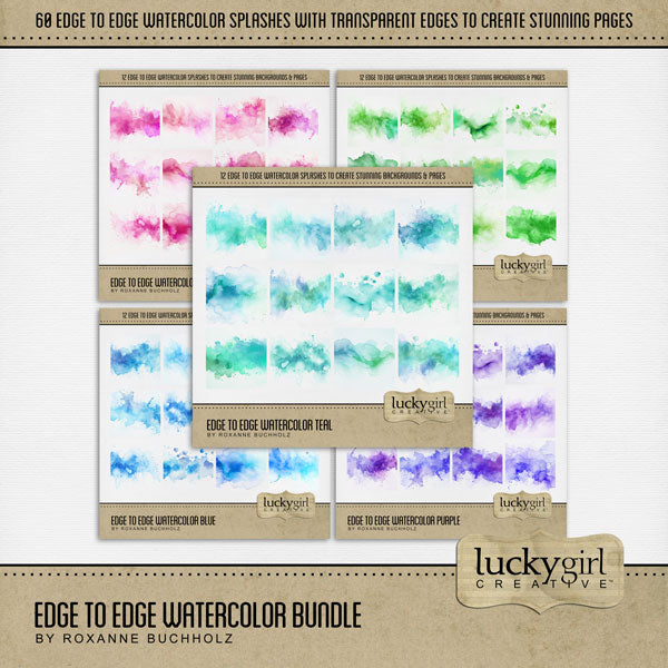 Add a fun splash of color to your digital scrapbooking background papers. With transparent edges, these 12" wide watercolor wave overlays by Lucky Girl Creative digital art blend seamlessly into any background paper and make the perfect backdrop for all travel, vacation, and summer pages. This bundle includes 5 kits in blue, green, pink, purple, and teal.