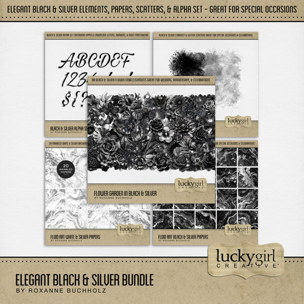 Celebrate all the special occasions in life with this beautiful bundle of black and silver embellishments, papers, and script alpha set by Lucky Girl Creative digital art. Great for wedding, anniversary, birthday, prom, black tie events, graduation, and more. Embellishments include a variety of flowers and black and silver scatters of stardust glitter. Papers include black and silver plus white and silver marble papers. Alpha is a beautiful black and silver script.