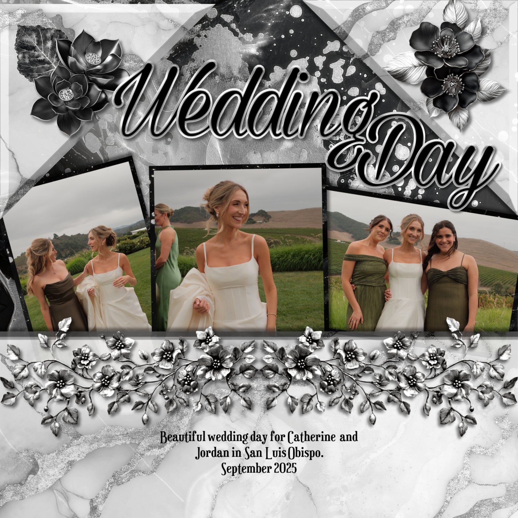 Celebrate all the special occasions in life with this beautiful bundle of black and silver embellishments, papers, and script alpha set by Lucky Girl Creative digital art. Great for wedding, anniversary, birthday, prom, black tie events, graduation, and more. Embellishments include a variety of flowers and black and silver scatters of stardust glitter. Papers include black and silver plus white and silver marble papers. Alpha is a beautiful black and silver script.