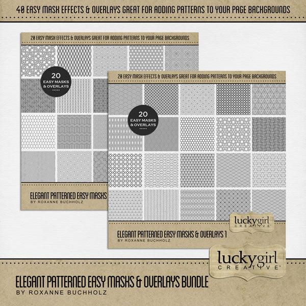 Create your own digital scrapbooking papers with these stylish patterned easy masks & overlays by Lucky Girl Creative digital art. Fill the textures with your favorite color, photo, or paper to create a unique patterned effect and one-of-a-kind background paper. Great for everyday pages and special occasions. In Photoshop, drop the photo mask and overlay on your page, overlay with your favorite photo, and create a clipping path for a stunning result. Try layering multiple masks for a unique look every time.