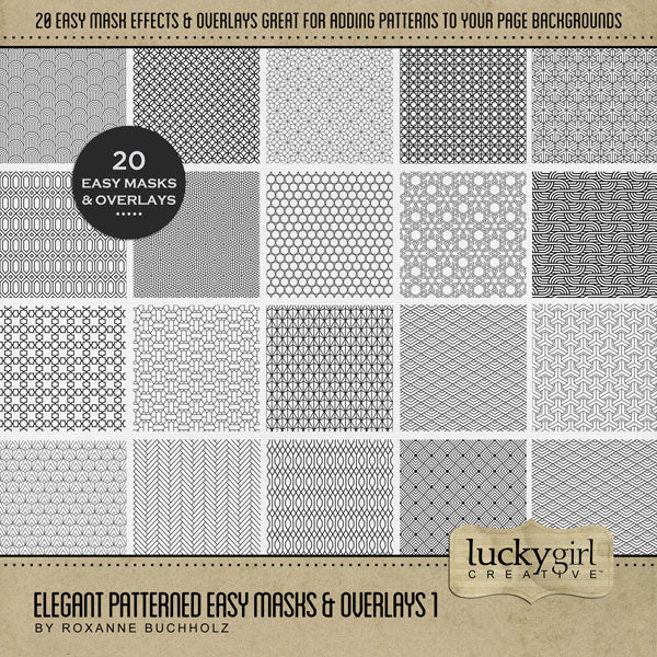 Create your own digital scrapbooking papers with these stylish patterned easy masks & overlays by Lucky Girl Creative digital art. Fill the textures with your favorite color, photo, or paper to create a unique patterned effect and one-of-a-kind background paper. Great for everyday pages and special occasions. In Photoshop, drop the photo mask and overlay on your page, overlay with your favorite photo, and create a clipping path for a stunning result. Try layering multiple masks for a unique look every time.