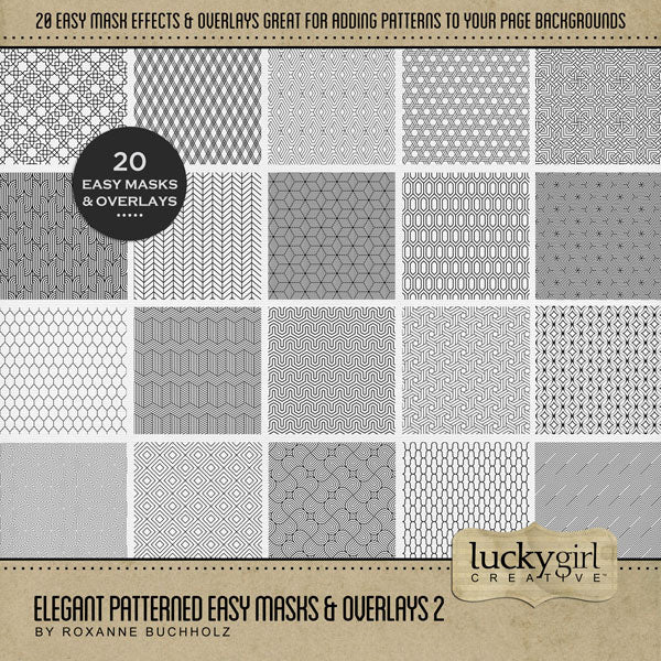 Create your own digital scrapbooking papers with these stylish patterned easy masks & overlays by Lucky Girl Creative digital art. Fill the textures with your favorite color, photo, or paper to create a unique patterned effect and one-of-a-kind background paper. Great for everyday pages and special occasions. In Photoshop, drop the photo mask and overlay on your page, overlay with your favorite photo, and create a clipping path for a stunning result. Try layering multiple masks for a unique look every time.