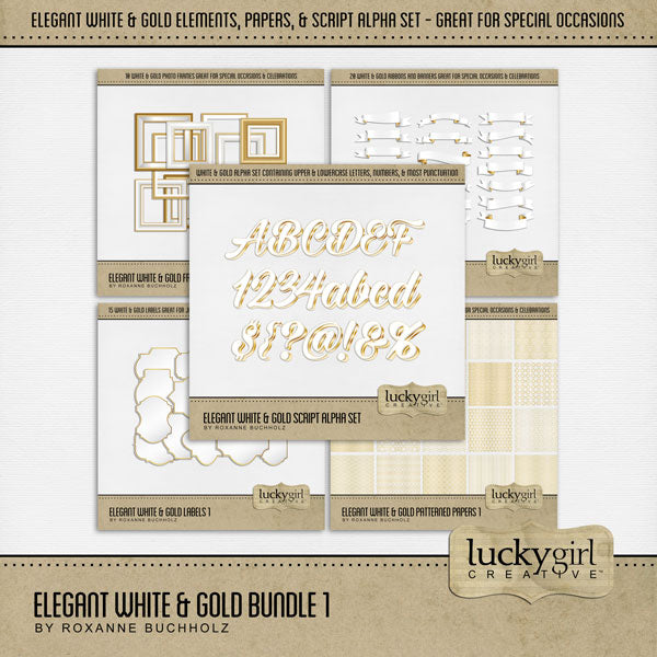 Accent your special occasions, as well as everyday pages, with these beautiful and versatile gold and white embellishments, patterned background papers, and script alpha set by Lucky Girl Creative digital art for digital scrapbooking. Great for New Year, wedding, graduation, birthday, anniversary, prom and other black tie events.