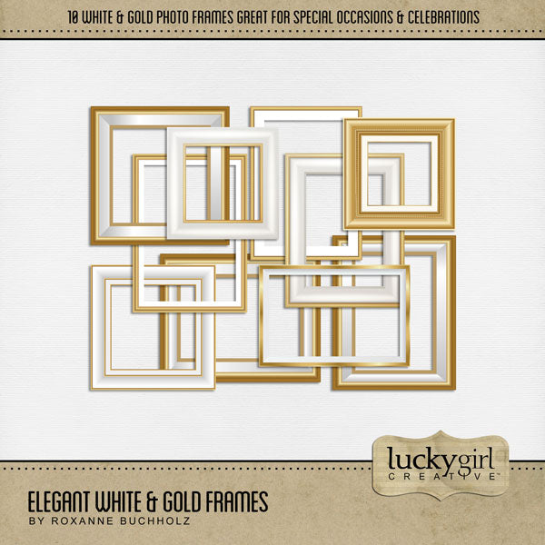 Accent your special occasions, as well as everyday pages, with these beautiful and versatile gold and white picture frames by Lucky Girl Creative digital art for digital scrapbooking. Great for New Year, wedding, graduation, birthday, anniversary, prom and other black tie events. This kit is included in the Elegant White & Gold Bundle.