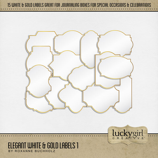 Accent your special occasions, as well as everyday pages, with these beautiful and versatile gold and white labels by Lucky Girl Creative digital art for digital scrapbooking. Great for page titles and journaling boxes for New Year, wedding, graduation, birthday, anniversary, prom and other black tie events. This kit is included in the Elegant White & Gold Bundle.
