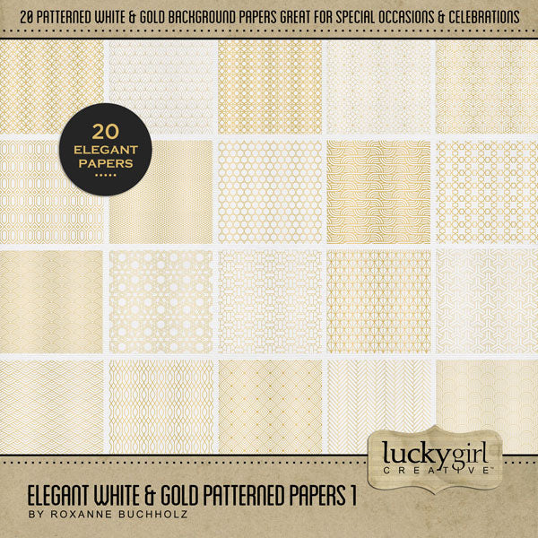 Accent your special occasions, as well as everyday pages, with these beautiful and versatile gold and white patterned background papers by Lucky Girl Creative digital art for digital scrapbooking. Great for New Year, wedding, graduation, birthday, anniversary, prom and other black tie events. This kit is included in the Elegant White & Gold Bundle.