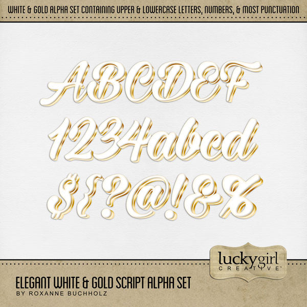 These white and gold script alphabet and number digital scrapbooking embellishments by Lucky Girl Creative digital art are easy to use for everyday digital scrapbook page titles and special occasions such as New Year, wedding, graduation, birthday, anniversary, and other black tie events. The Elegant White & Gold Script Alpha Set consists of a full set of digital art uppercase alphabet letters A-Z, lowercase alphabet letters a-z, numbers 0-9, and most punctuation marks.
