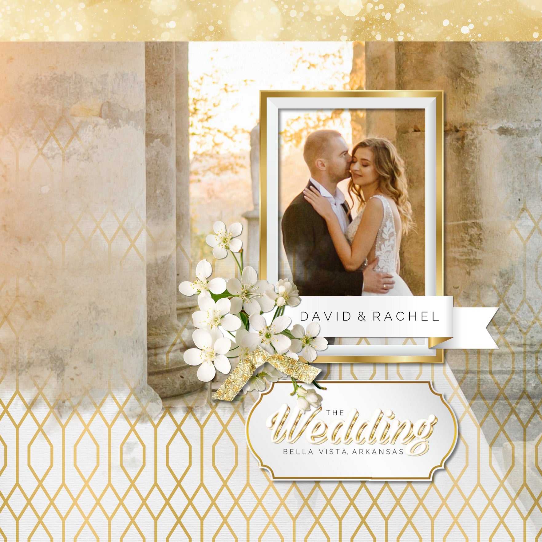 Accent your special occasions, as well as everyday pages, with these beautiful and versatile gold and white embellishments, patterned background papers, and script alpha set by Lucky Girl Creative digital art for digital scrapbooking. Great for New Year, wedding, graduation, birthday, anniversary, prom and other black tie events.