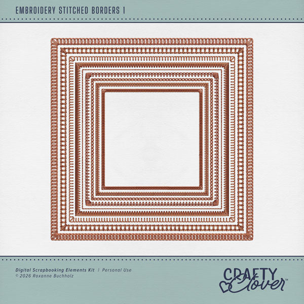 Designed to coordinate with every Crafty Clover kit, these embroidered and stitched framed borders will creatively accent your digital scrapbooking page edges. These square borders are designed to be colorized to coordinate with your page by adjusting the Hue or using Color Wash tools. This kit is NOT included in any bundle.